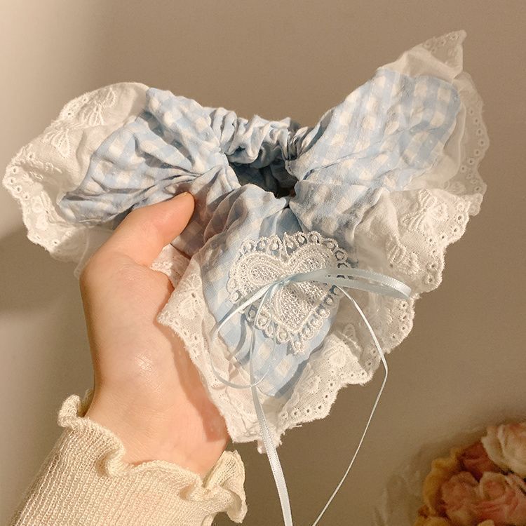 Sea salt bubble ~ Blue checkered bow lace square scarf large intestine hair band Korean style super large hair tie hair accessory summer Specification drawing