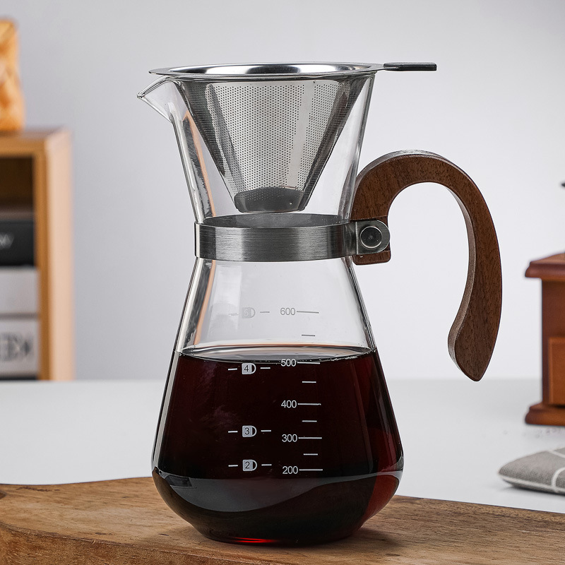 Mocha pot, European-style coffee brewing equipment, thickened coffee glass pot, extraction pot, hand-brewed wooden handle coffee pot full figure