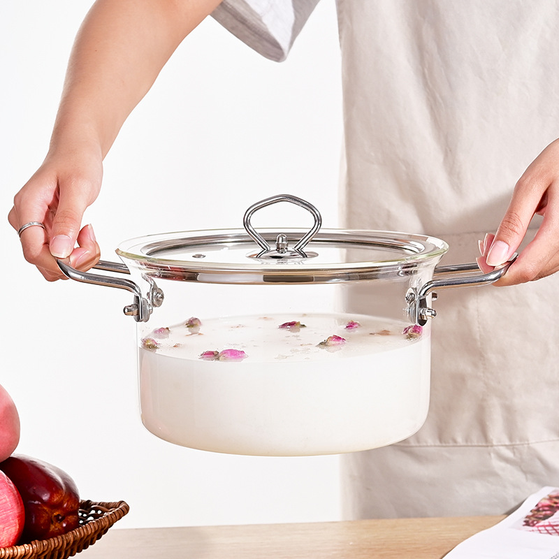 Wholesale transparent heat-resistant glass pot with double ears that can be heated for making soup and boiling water. Household large-capacity covered stew pot Specification drawing