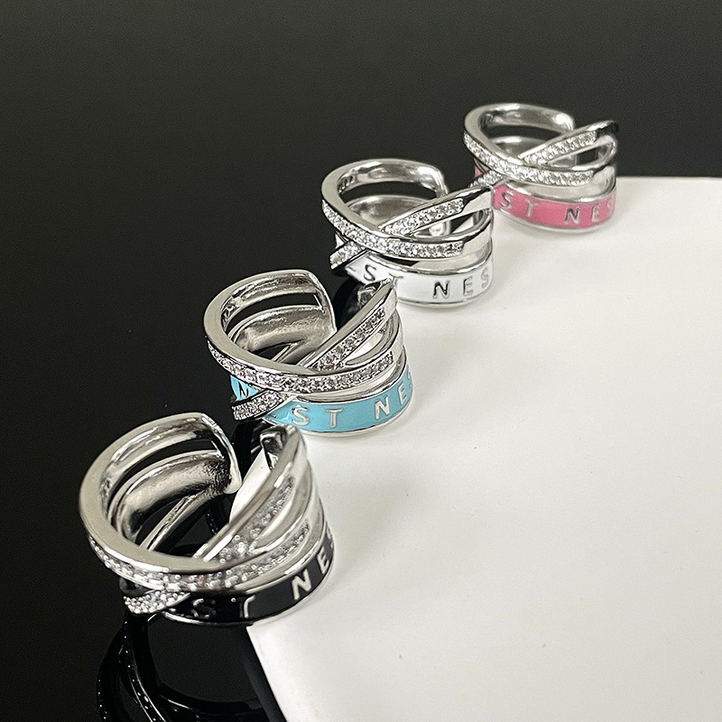 Saturn letter three-layer hollowed-out diamond-encrusted oil drip ring, a female Internet celebrity's light luxury, trendy and high-end surrounding enamel open ring Specification drawing