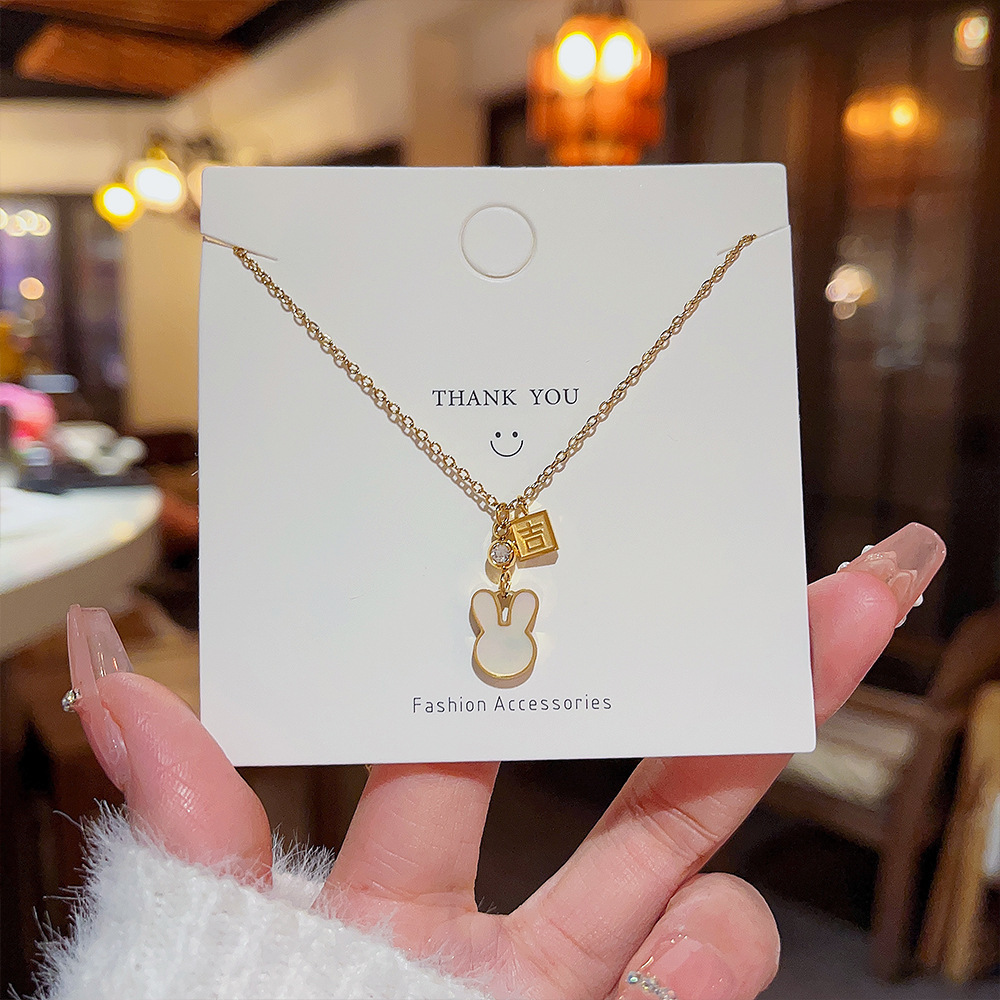 Jixiang Rabbit titanium steel Necklace for women's light luxury and niche, mother-of-pearl Rabbit pendant, design sense collarbone chain wholesale details Picture