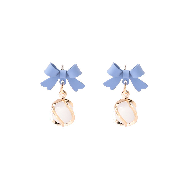 925 Klein Blue cat's Eye Stone Earrings, elegant, high-end and versatile. Bow stud earrings, a new trendy Instagre for women Item Picture