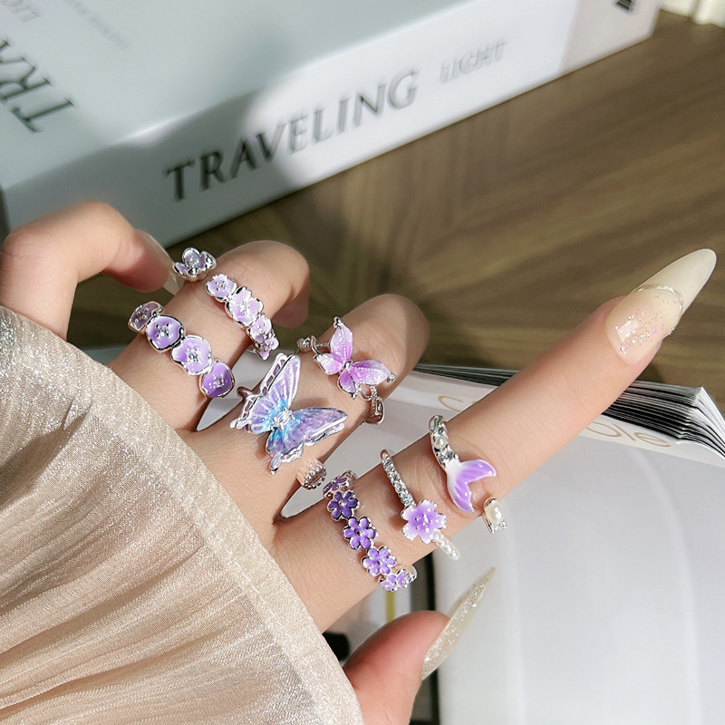 A super sweet and ethereal taro and violet gradient flower style open ring for women, a simple and versatile silver ring full figure