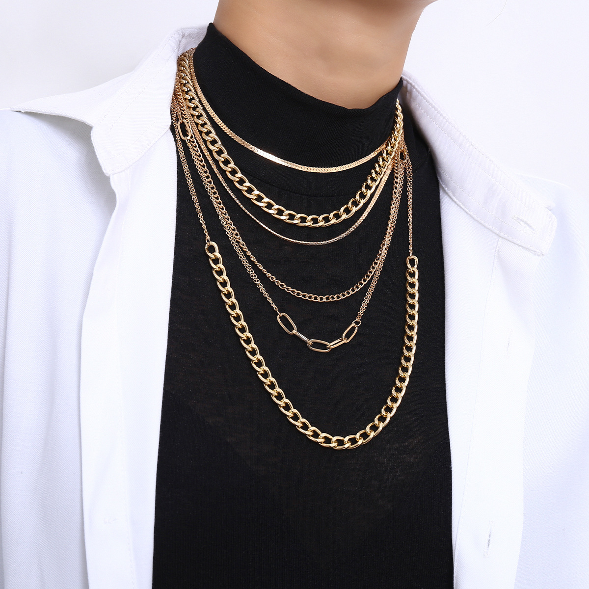 European and American cross-border jewelry punk metal hip-hop set necklace for women, simple mixed and matched cross-chain geometric necklace details Picture