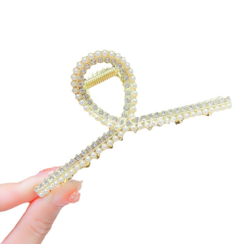 Classic bestseller summer large-sized elegant alloy grappling clip, women's pearl and diamond-encrusted shark clip, back head hair clip Item Picture