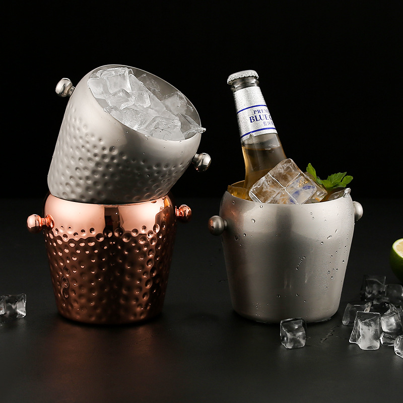 Stainless steel single-layer drum-shaped hammered ice bucket, multi-purpose ice bucket for bars, champagne bucket, beer bucket, creative hammered ice bucket full figure