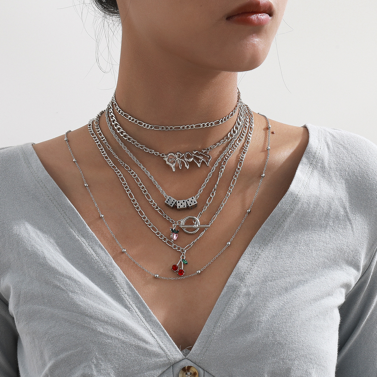 European and American cross-border jewelry, multi-element and multi-layer dice necklace, exaggerated letter cherry necklace set for women full figure