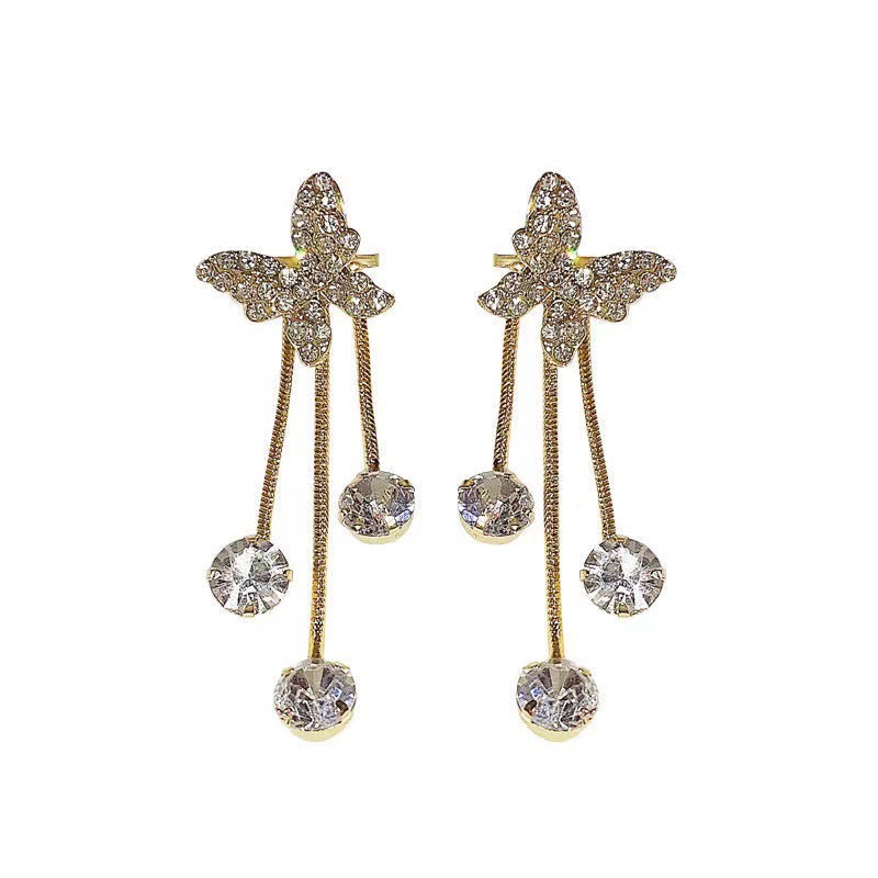Sweet and cool girl, tassel diamond-encrusted butterfly pendant earrings, simple and ins-style design, clip-on stud earrings Item Picture