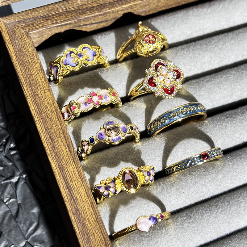 Xiaohongshu's sweet and cool, mid-style, light luxury four-leaf clover open ring, women's enamel drop glaze flower gourd elegant ring Specification drawing