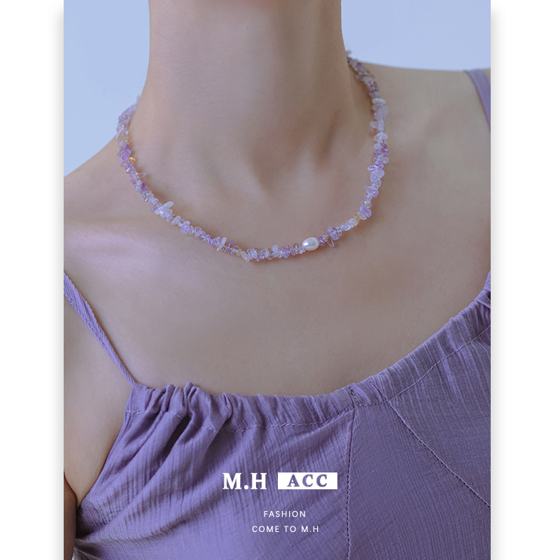 Amethyst pearl necklace for women, fashionable, retro, niche, light luxury, simple and elegant, high-end collarbone chain accessory wholesale details Picture