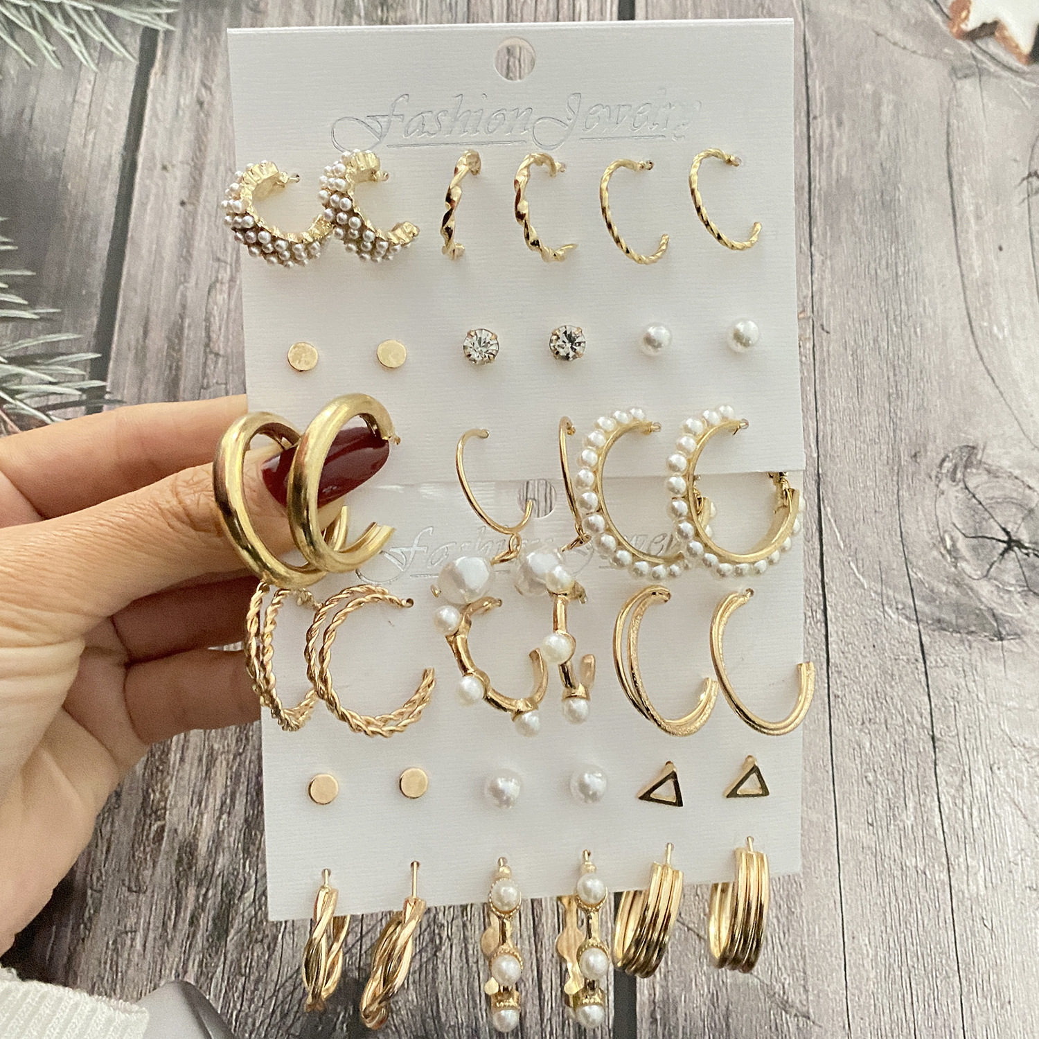 French retro gold earring set of 9 pieces, new European and American cross-border pearl-inlaid women's earrings and stud earrings full figure