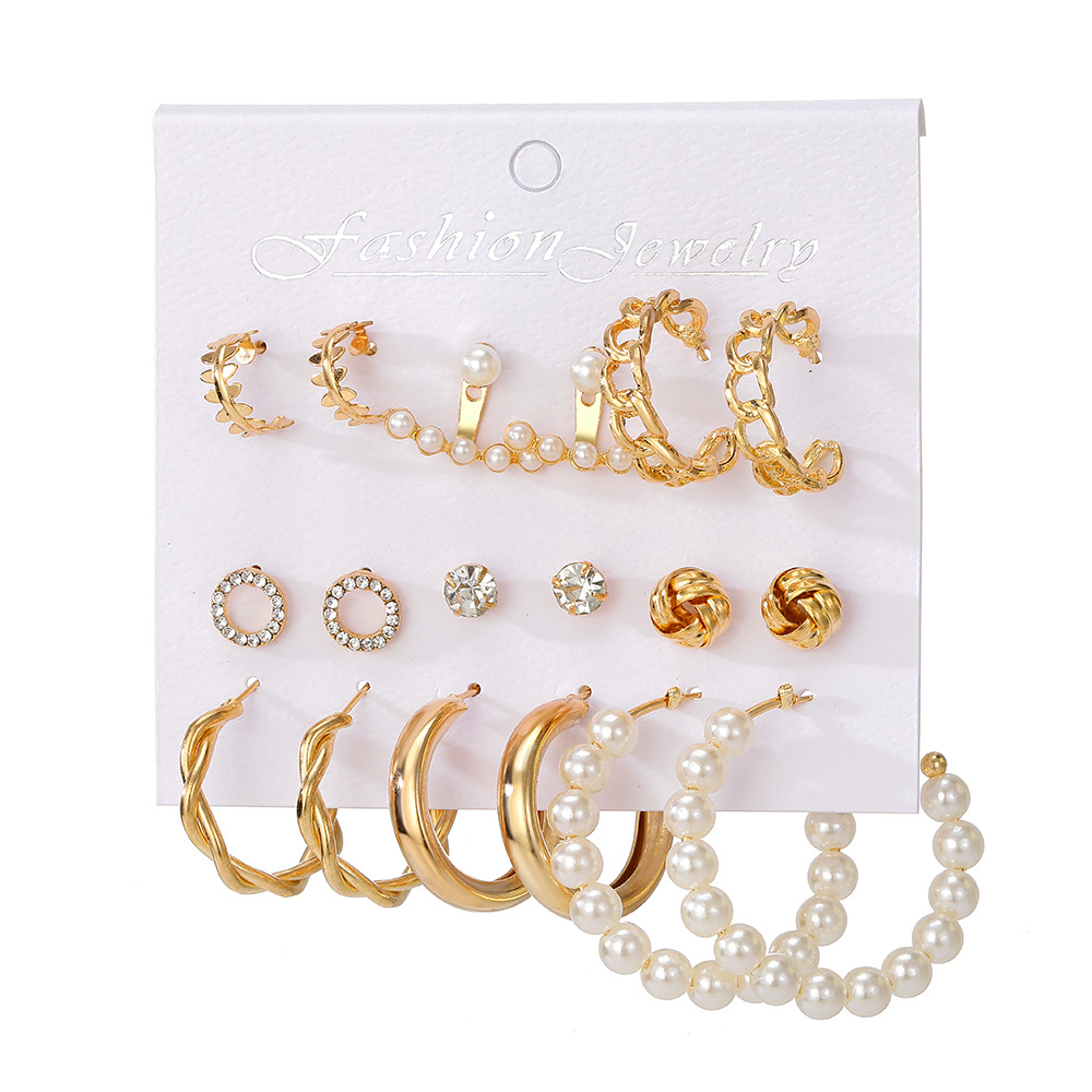 A new batch of 9-piece creative French retro gold earrings set with pearl inlays for cross-border women from Europe and America Item Picture