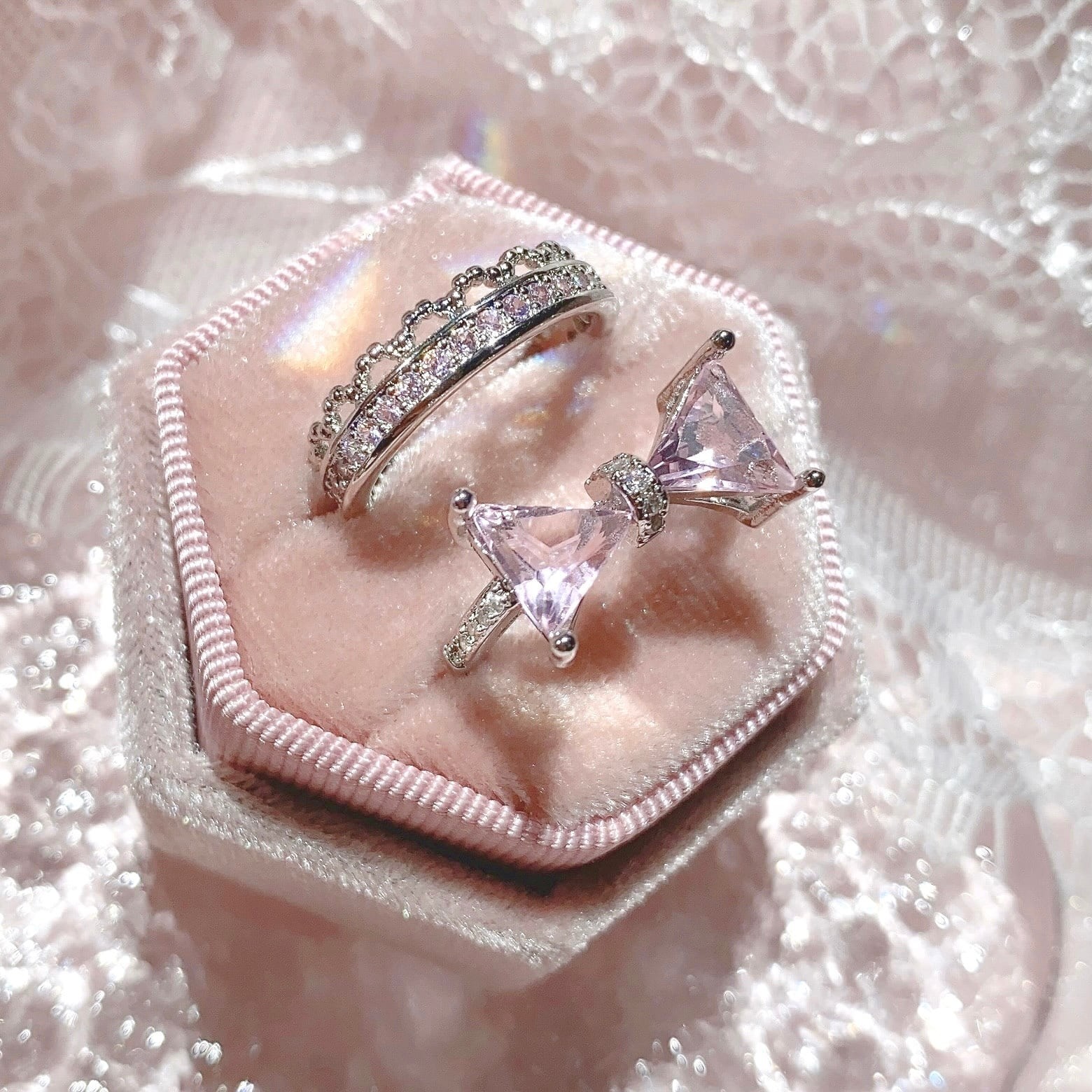 Japanese-style pink bow, heart-shaped lace ring, adjustable opening, micro-inlaid zircon, hollowed-out sweet and cool ring, trendy and cool Specification drawing