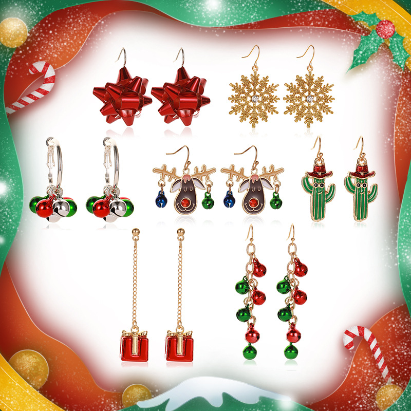 Christmas snowflake ribbon earrings, cartoon bells, Christmas gifts, tassel earrings, elk bells, cute earrings full figure