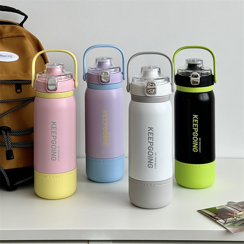 Portable hand-held bouncy insulated cup, stainless steel high appearance level, student couple insulated water cup, office straw water cup details Picture