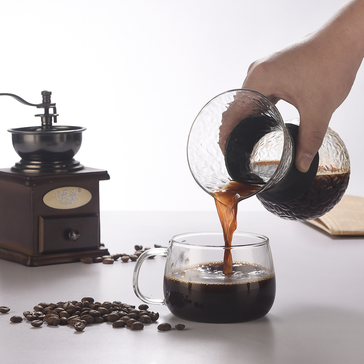 【 Customized LOGO】 Small coffee utensils, stainless steel coffee filter, leaky glass hand-brewed coffee pot set Specification drawing