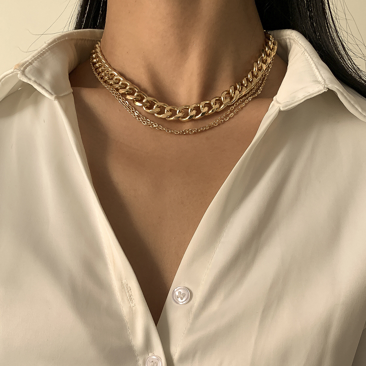 European and American cross-border jewelry punk hip-hop style metal geometric necklace for women, simple thick chain mixed and matched keychain necklace details Picture