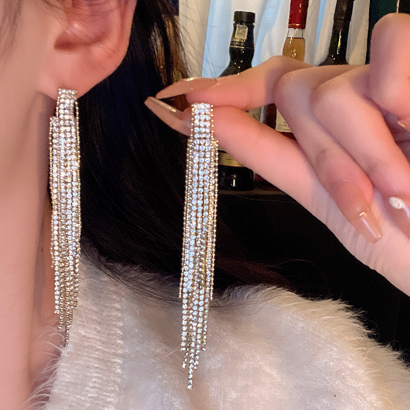 Light luxury style, full diamond tassel stud earrings, women's ins style, fashionable and versatile trendy earrings, 925 silver needle earrings wholesale Specification drawing