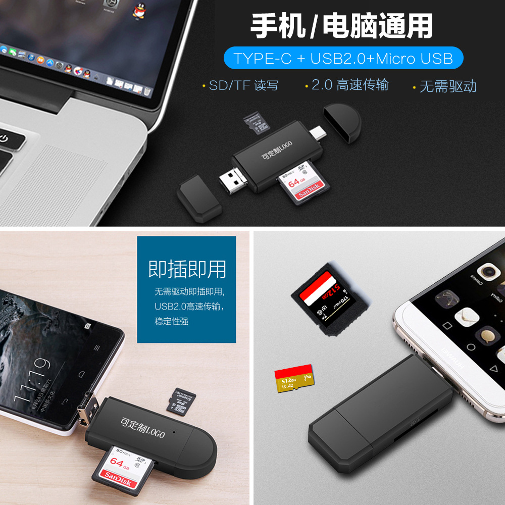 Wholesale of mobile phone card readers, otg multi-functional Type-C computer intelligent usb three-in-one TF card readers details Picture