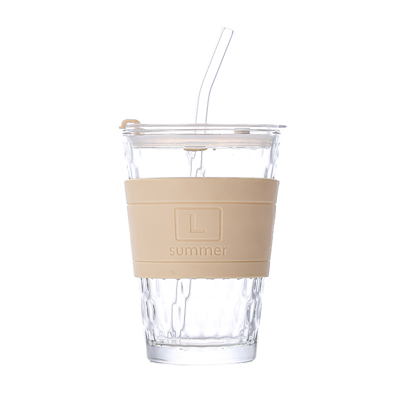 Colorful heat-insulating glass cup, creative covered straw cup, office high appearance level, household water cup, transparent straw cup Item Picture