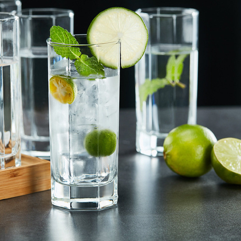 Wholesale of green apple octagonal glass cups, whisky cups, beer cups, juice cups, beverage cups and water cups with logo printing Application Scenario