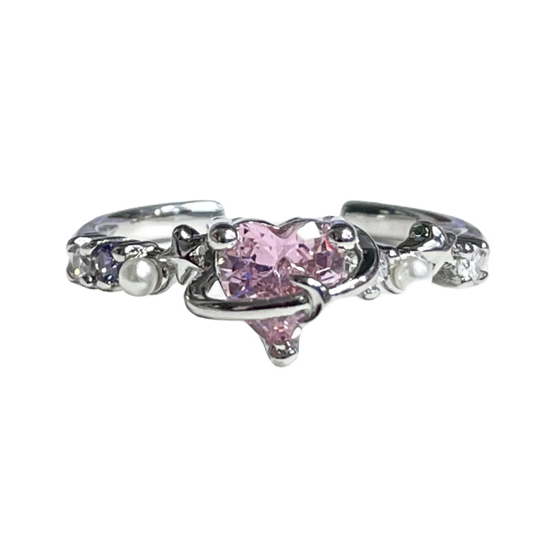 Light luxury pink diamond heart-shaped opening ring for women, sweet flowers, fashionable butterflies, swans, high-end and elegant, exquisite ring Item Picture