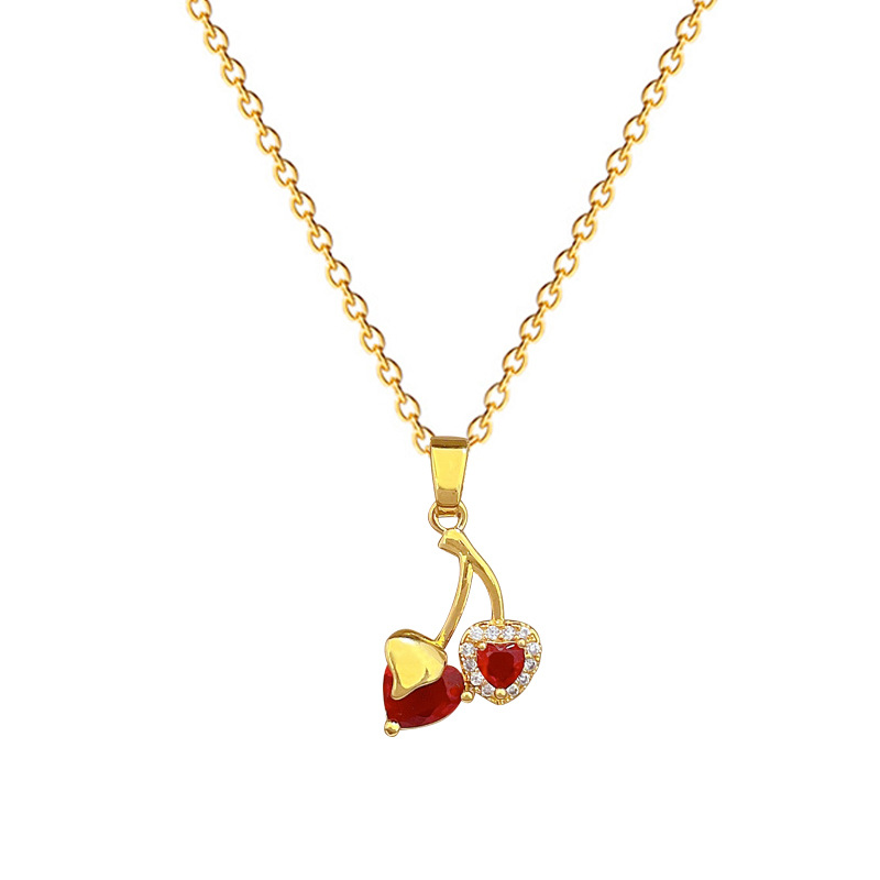 【 Titanium Steel 】 Heart-shaped cherry Full diamond fashionable, light luxury, elegant and luxurious full diamond necklace, versatile for women, collarbone chain titanium steel Item Picture