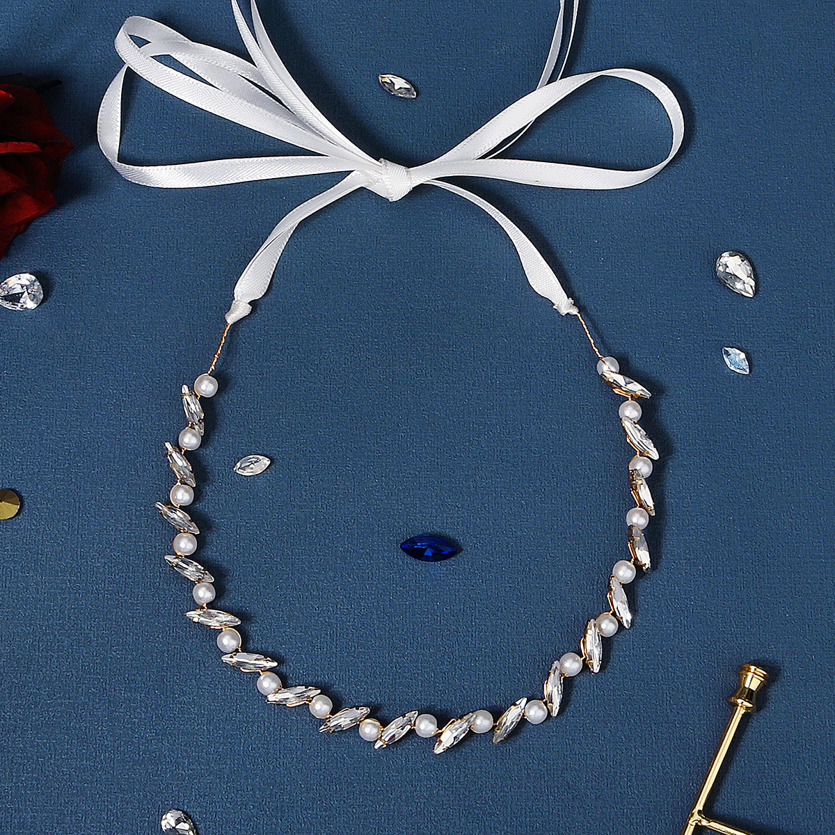 New European and American jewelry, pearl fine hair band, women's photo shoot, hand-brined hair accessory, horse's eye water diamond bridal hair band Specification drawing