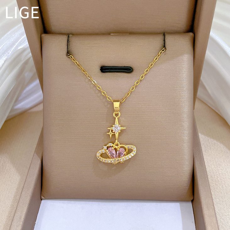 【 Titanium Steel 】 Heart-shaped starry Light Diamond, luxurious and elegant, full diamond necklace, versatile collarbone chain, titanium steel chain full figure