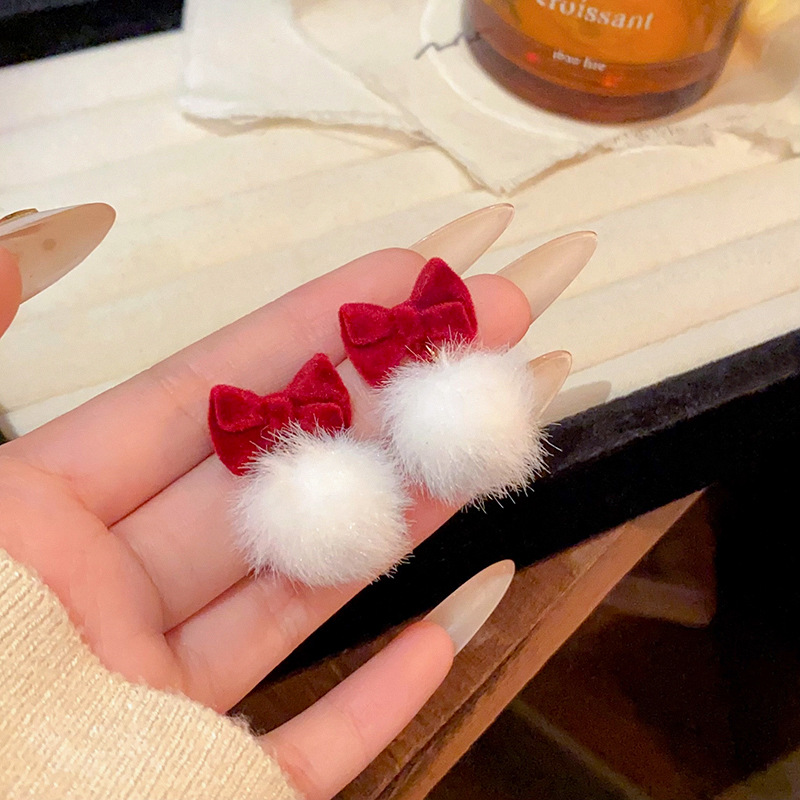 New Year and Christmas retro red earrings 2025 New style bestsellers autumn and winter fur ball stud design bow earrings full figure