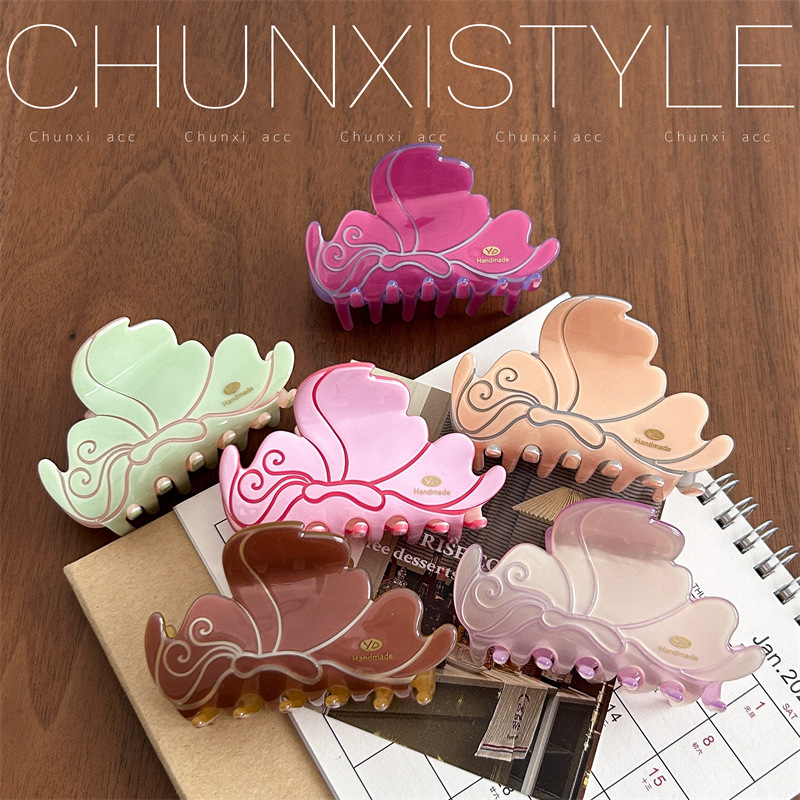 YD dual-color acetic acid Xiangyun scratch-off women's high-end bun hair clip, high ponytail large shark clip at the back of the head details Picture