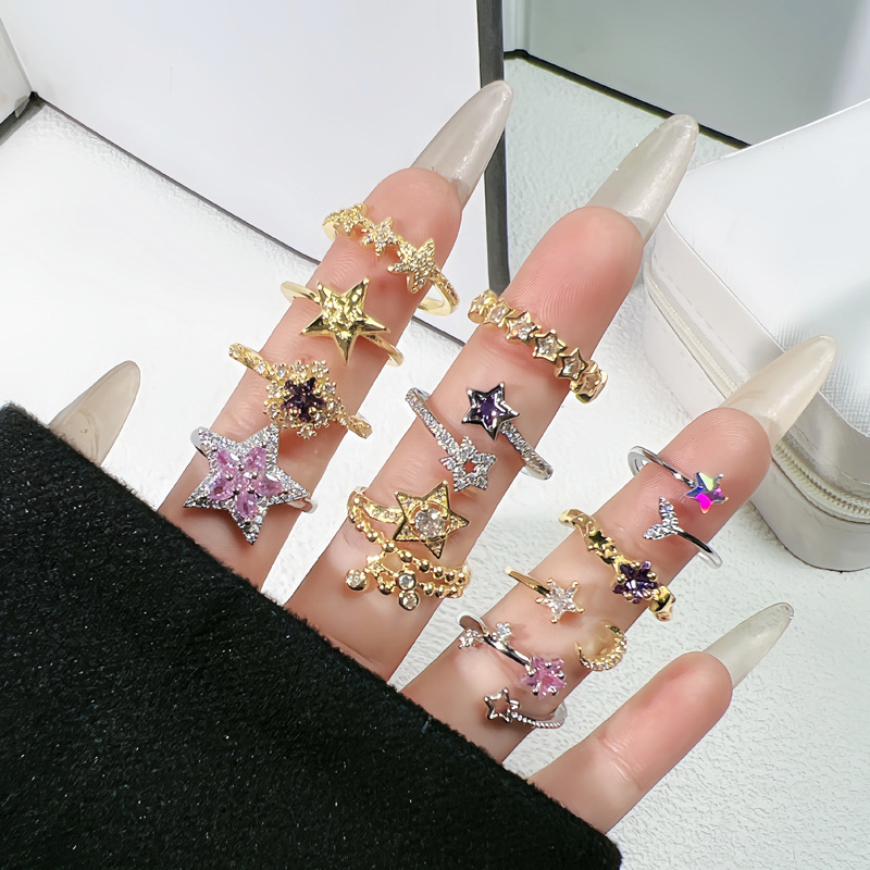 Korean version sweet and cool, exquisite pink and purple diamond star fashion open ring, female five-pointed star personality and temperament cold style ring full figure