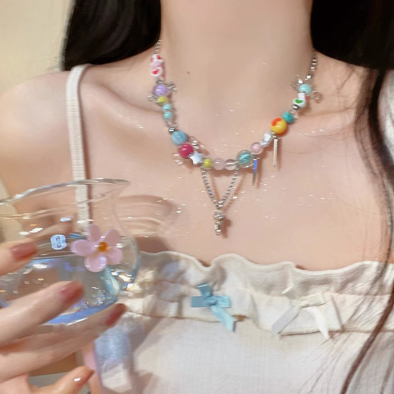 Summer Dopamine Rainbow Candy necklace, Instagram niche design sense, sweet beaded collarbone chain for women details Picture