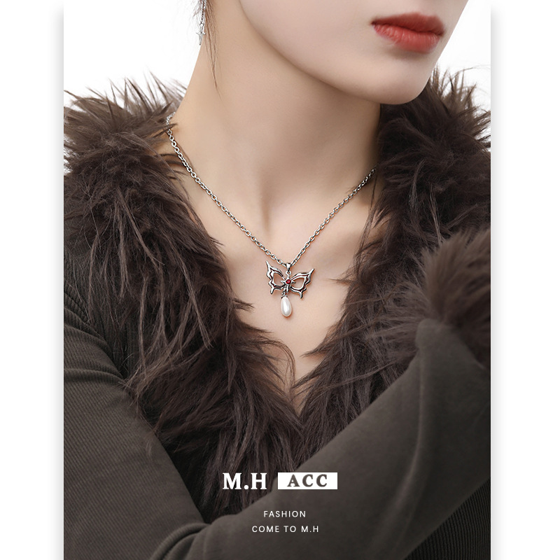 Wholesale of niche cross-border butterfly mask pendant necklaces, high-end personalized sweater chains for women, original design sense necklaces for women details Picture