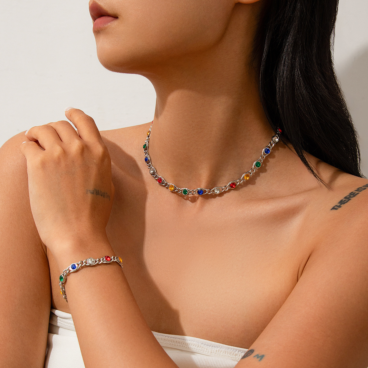European and American cross-border jewelry, sweet style, colorful studded rhinestone chain necklace, irregular metallic collarbone chain set full figure
