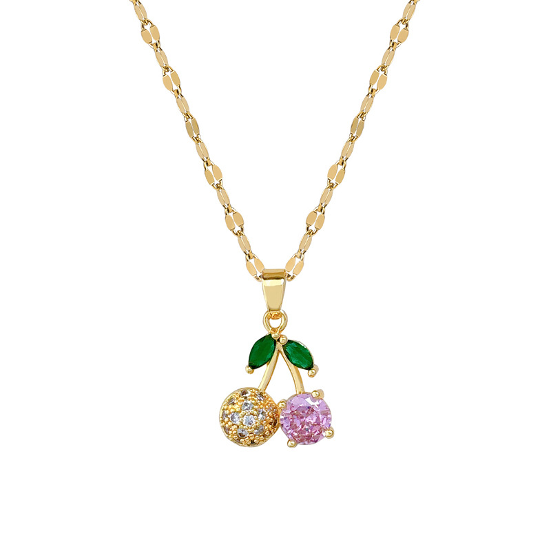 【 Titanium Steel 】 Light luxury cherry pink diamond, fresh and delicate, slightly inlaid real gold necklace earrings, ins collarbone chain accessory set Item Picture
