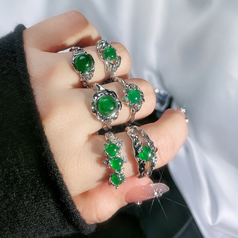 Retro Chinese trend, ancient style imitation jade open ring, women's unique and fashionable, ins style, niche and high-end index finger ring details Picture