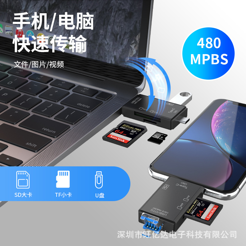 Private model six-in-one multi-functional card reader Type-C+ Android +TF+SD+USB mobile phone and computer OTG adapter details Picture