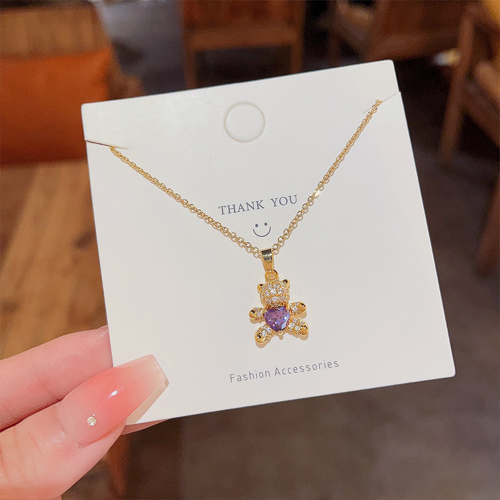 Purple bear zircon pendant necklace, a fashionable bestseller for female Douyin, titanium steel collarbone chain, a trendy and internet-famous style necklace Application Scenario