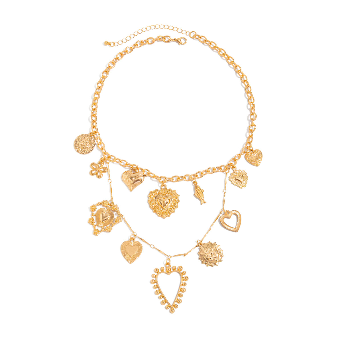 European and American cross-border jewelry, cold style heart pendant, collarbone chain, personalized metallic striped iron chain necklace set Item Picture