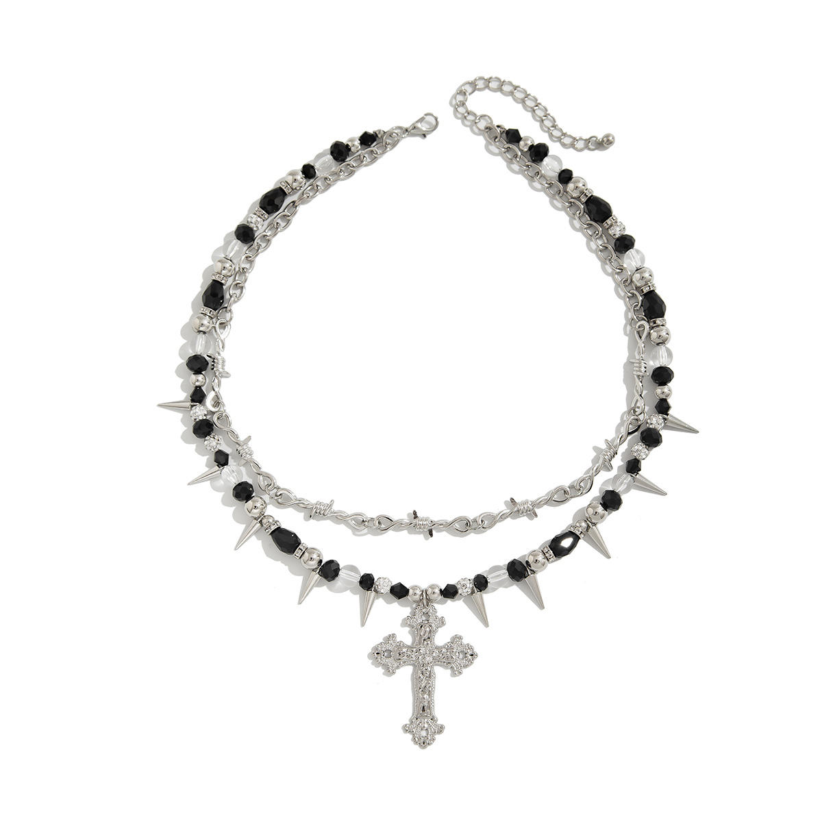 European and American cross-border jewelry dark style cross alloy pendant Necklace, personalized rivet crystal Necklace Item Picture