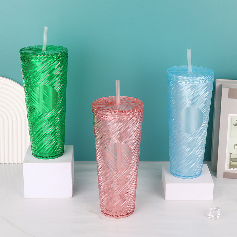 Cross-border best-selling large-capacity straw water cup with striped pattern, high-end drinking cup, ins style, white-collar and Bohemian water cup details Picture