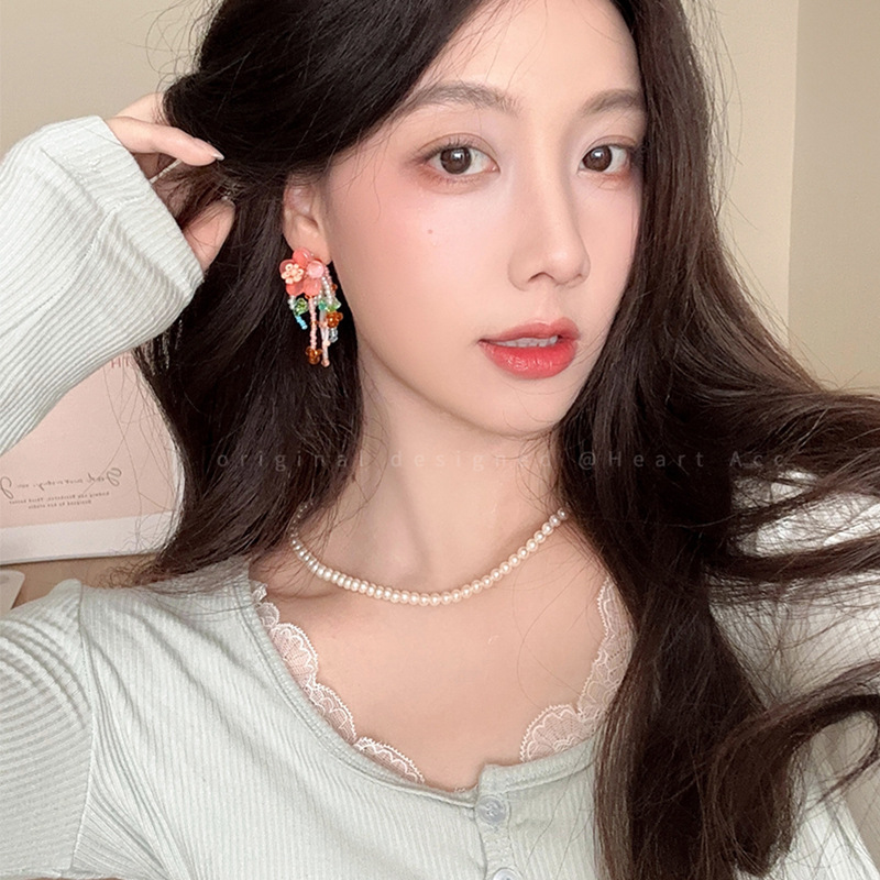 Dopamine-colored beaded earrings, sweet and feminine forest-themed earrings, niche high-end earrings, internet-famous best-selling earrings details Picture