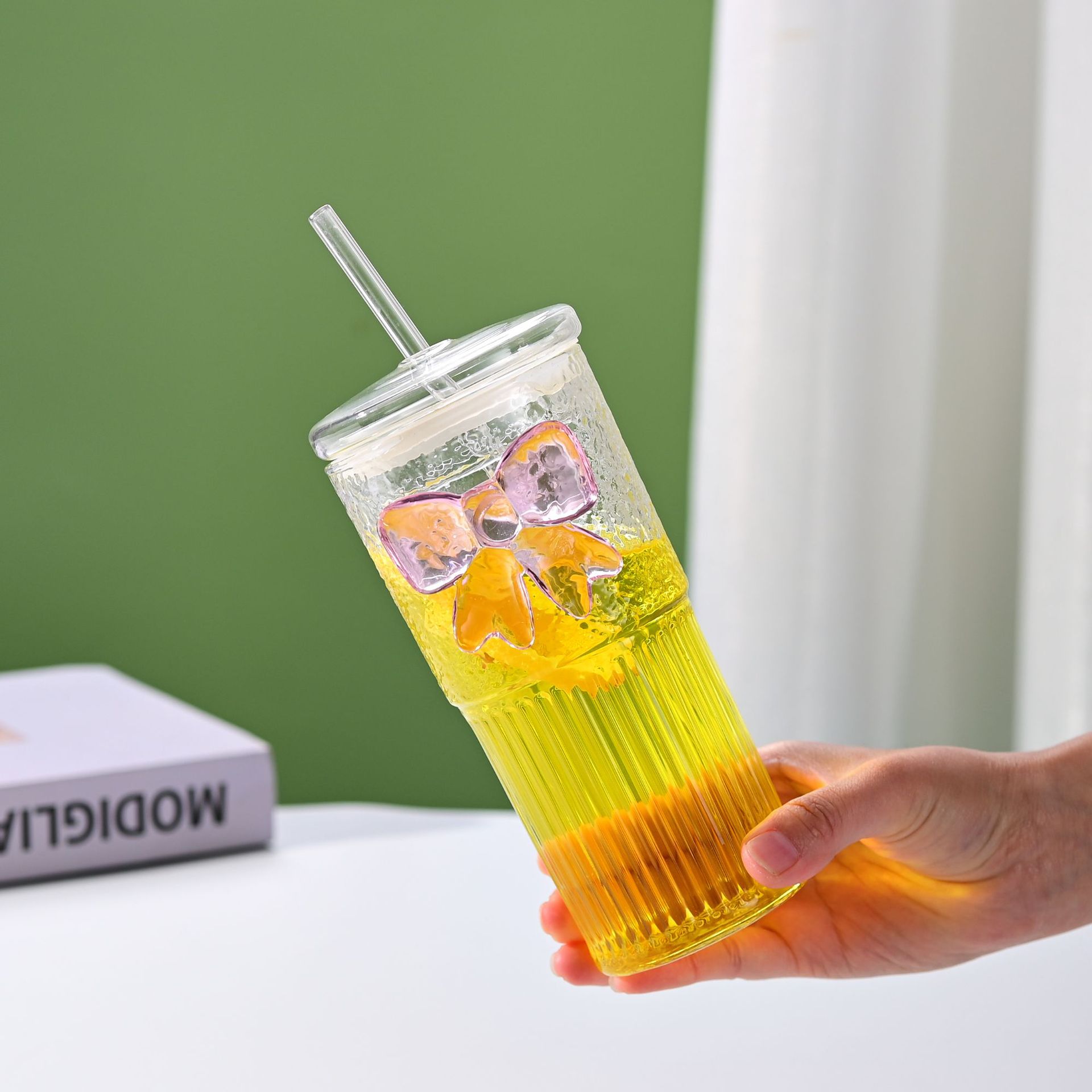 Ins-style vertical striped glass cup for drinking, with lid, high appearance level, household milk cup, summer large-capacity water cup details Picture
