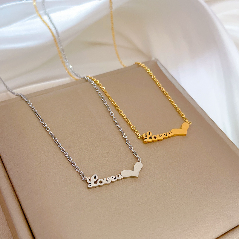 【 All-titanium Steel 】 Letter heart personalized minimalist style furnace real gold necklace, female Instagram influencer collarbone chain matching Specification drawing