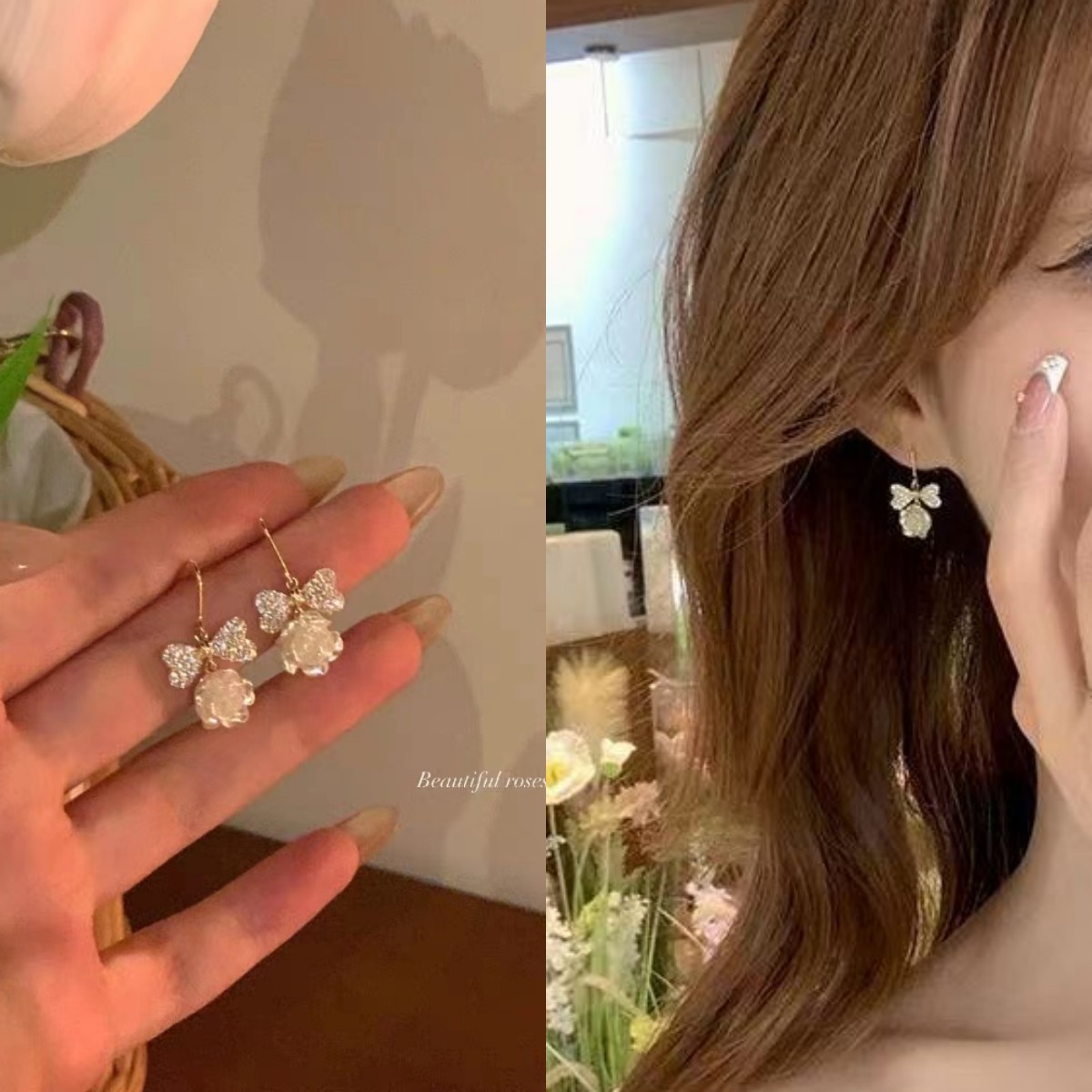 Diamond-encrusted bow camellia earrings for women, with a light luxury and niche style. The stud and hook design gives a sense of high-end earrings for women full figure