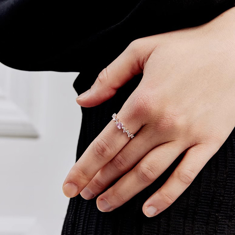 Sweet and cool style pink diamond zircon open ring for women, light luxury, niche design, high-end, simple, fashionable and individual index finger ring details Picture
