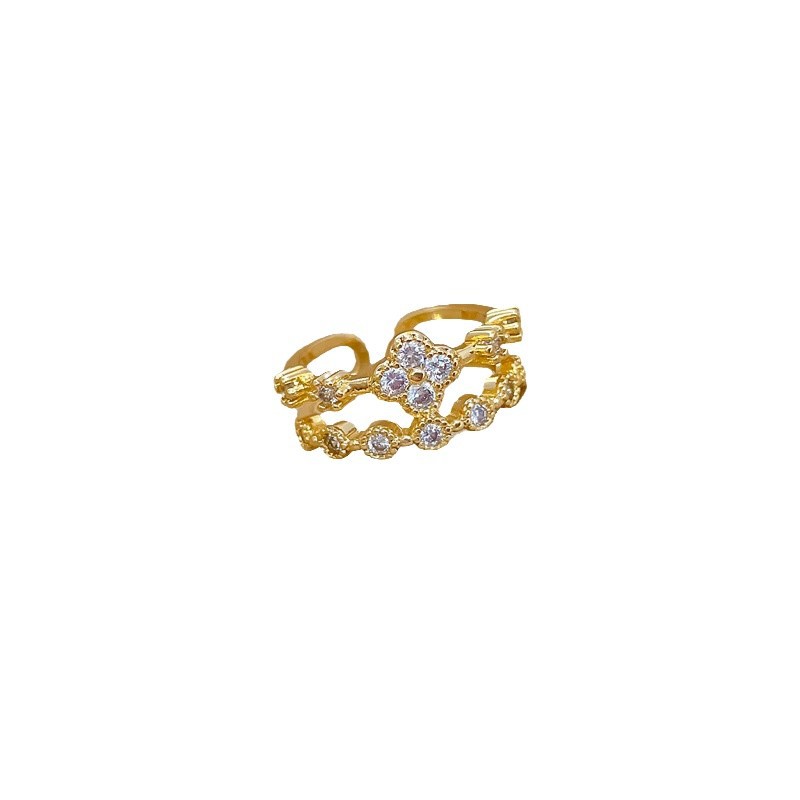 【 Real Gold 】 Four-leaf clover Full diamond ring with adjustable opening, simple jewelry, Japanese-style ring couple rings Item Picture