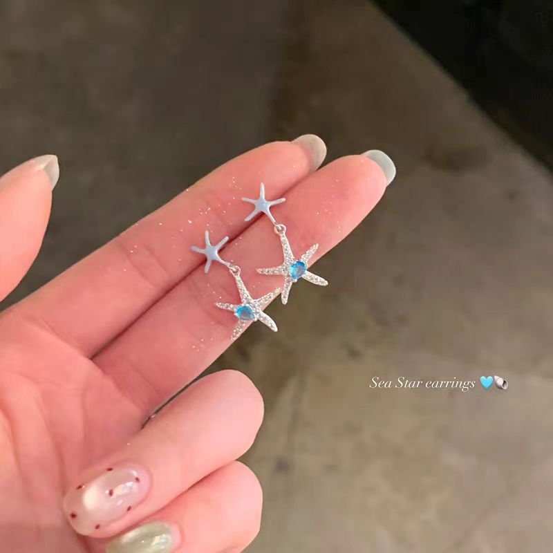 Ocean Heart ~ Blue Zircon Starfish tassel Earrings, a unique and high-end design for women Specification drawing