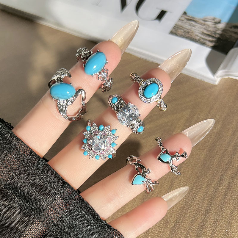 Wholesale of Chinese-style blue egg surface micro-inlaid rings for women, vintage, retro charm, light luxury and exquisite rings Specification drawing
